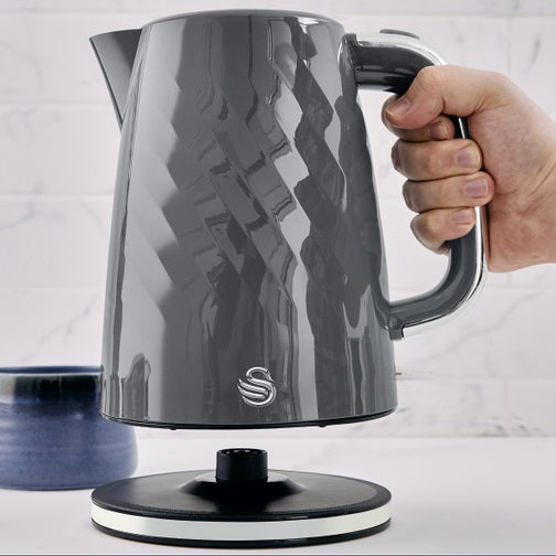 Swan Windsor Textured Jug Kettle Gloss Finish with Chrome Accents Grey 1.7Ltr | 3kW Rapid Boil Electric Kettle with Boil-Dry Protection | Push-Button Lid | Water Level Indicator