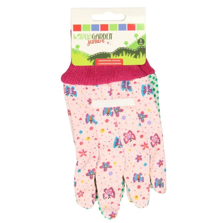 ProGarden Junior Kids Butterfly and Flower Print Gardening Gloves Multicoloured One Size Pack of 2 CK9-910070 | Soft Cotton with Dotted Grip | Perfect for Outdoor Gardening and DIY Activities