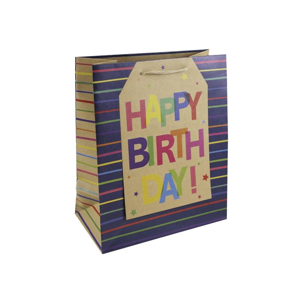 Clairefontaine Eurowrap XL Happy Birthday Multicolor Lettering and Striped Design Tag Gift Bag with Handles Multicoloured Large 265mm x 330mm x 140mm Pack of 6 35480-2C