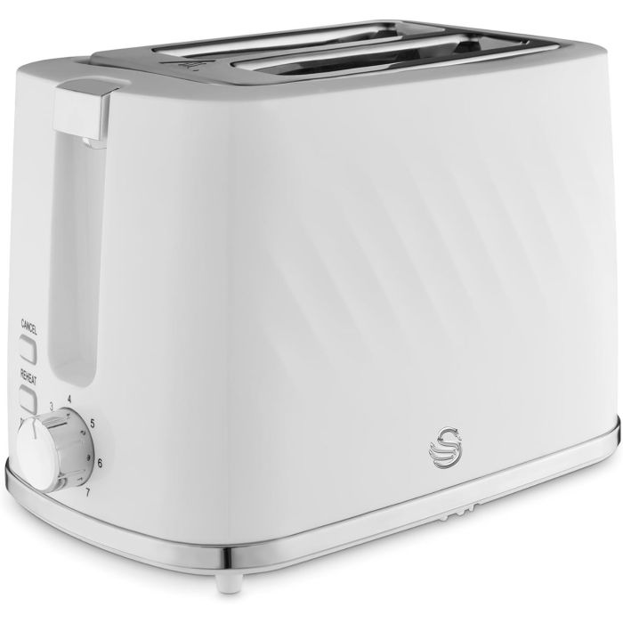 Swan Windsor 2 Slice Textured Toaster Gloss Finish with Chrome Accents White 29.7cm x 16.8cm x 18.6cm | 900W | Reheat Function | Defrost Function | Removable Trays | With 7 Browning Levels