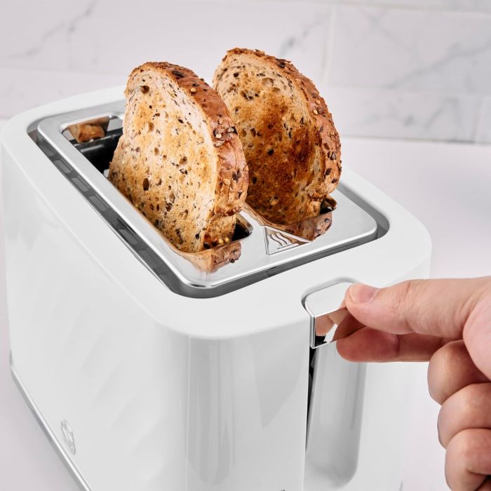 Swan Windsor 2 Slice Textured Toaster Gloss Finish with Chrome Accents White 29.7cm x 16.8cm x 18.6cm | 900W | Reheat Function | Defrost Function | Removable Trays | With 7 Browning Levels