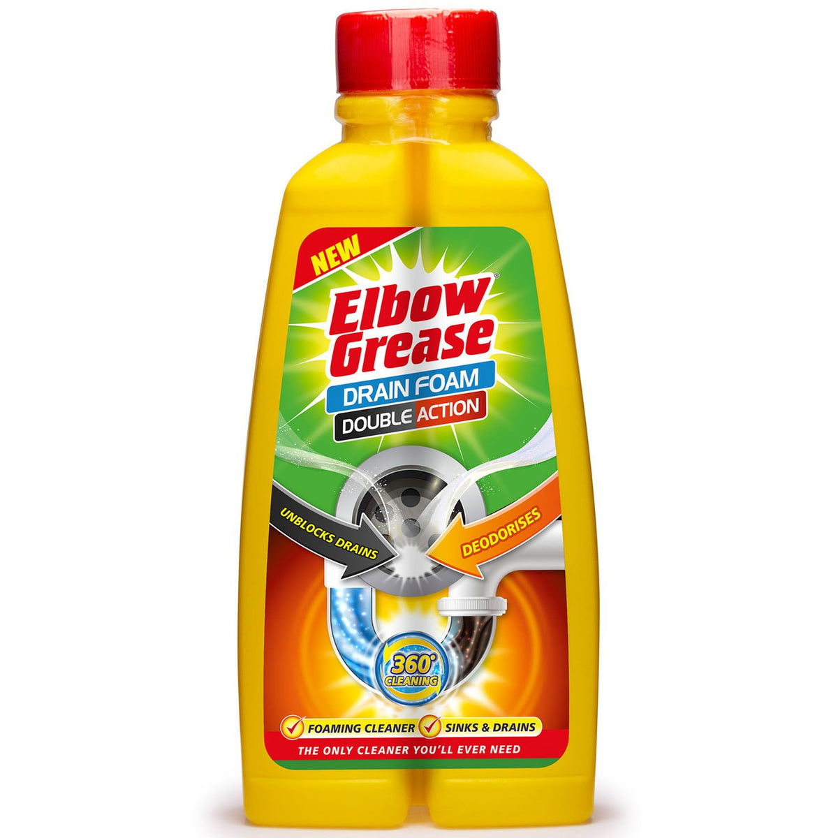 151 Elbow Grease Double Action Drain Foam Yellow 500ml EG81 | Deodorises | Unblocks Drains | 360 Degree Cleaning