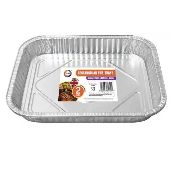 DID Rectangular Disposable Aluminium Foil Trays Silver 320mm x 260mm x 45mm Pack of 2 FS5340 | Freezable and Oven Safe | Baking and Roasting Pans