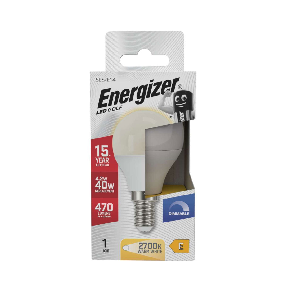 Energizer SES-E14 LED Dimmable Golf Ball Bulb 40W White 80mm x 45mm S29772 | 470 Lumens | 2700K Warm White | 15000Hr Lifespan | Energy Efficient Light Bulb | Mercury Free | 15 Years Lifespan | Energy Rating E