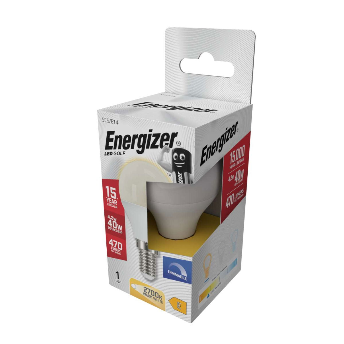 Energizer SES-E14 LED Dimmable Golf Ball Bulb 40W White 80mm x 45mm S29772 | 470 Lumens | 2700K Warm White | 15000Hr Lifespan | Energy Efficient Light Bulb | Mercury Free | 15 Years Lifespan | Energy Rating E
