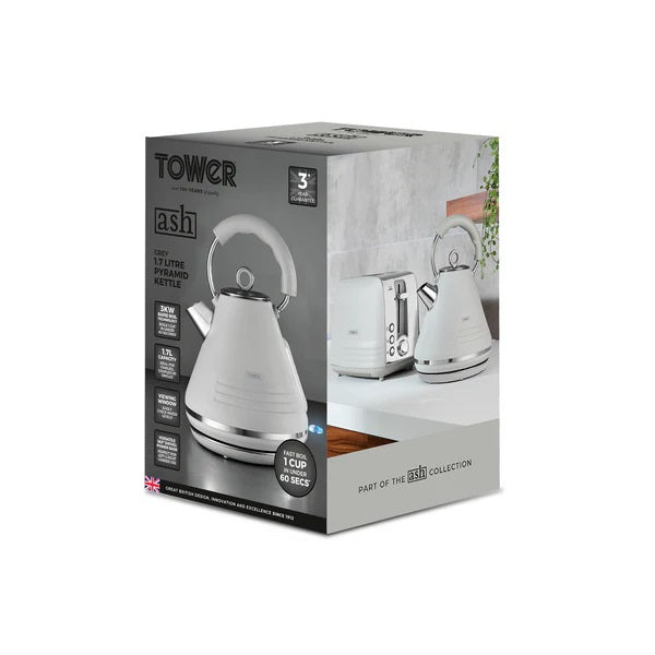 Tower Ash 3KW Pyramid Kettle with Chrome Accents Grey 1.7Ltr TI0074GRY | Rapid Boil Technology | Fast Boil in Under 60Secs | Viewing Window | 360 Degree Swivel Base