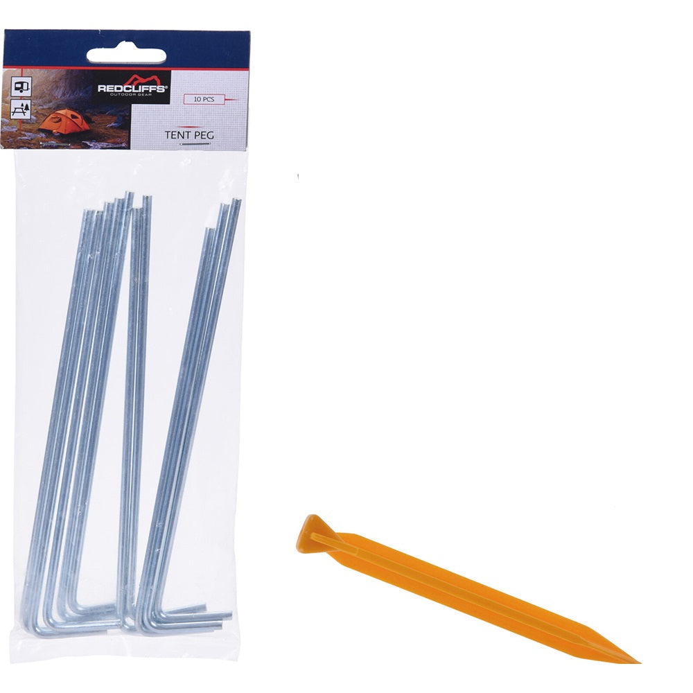 Redcliffs Tent Peg Set Silver and Orange Pack of 16 192885 | 10-Piece Metal Tent Pegs and 6-Piece Heavy-Duty Plastic Tent Stakes | Outdoor and Camping Essentials
