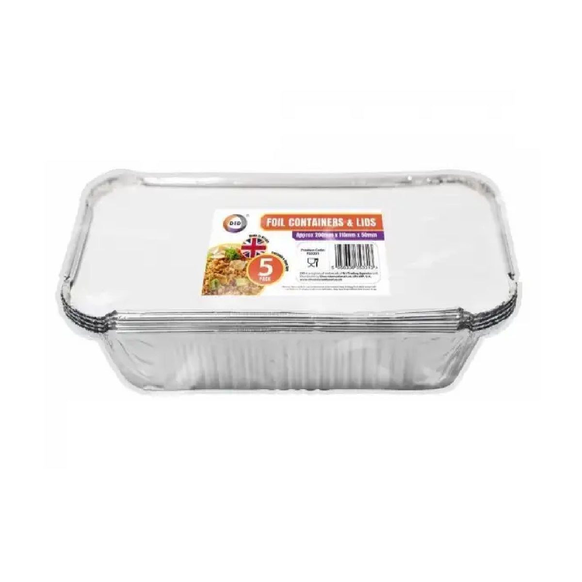 DID Foil Containers and Lids Silver 200mm x 110mm x 50mm Pack of 5 FS5331 | Freezable | Oven Safe