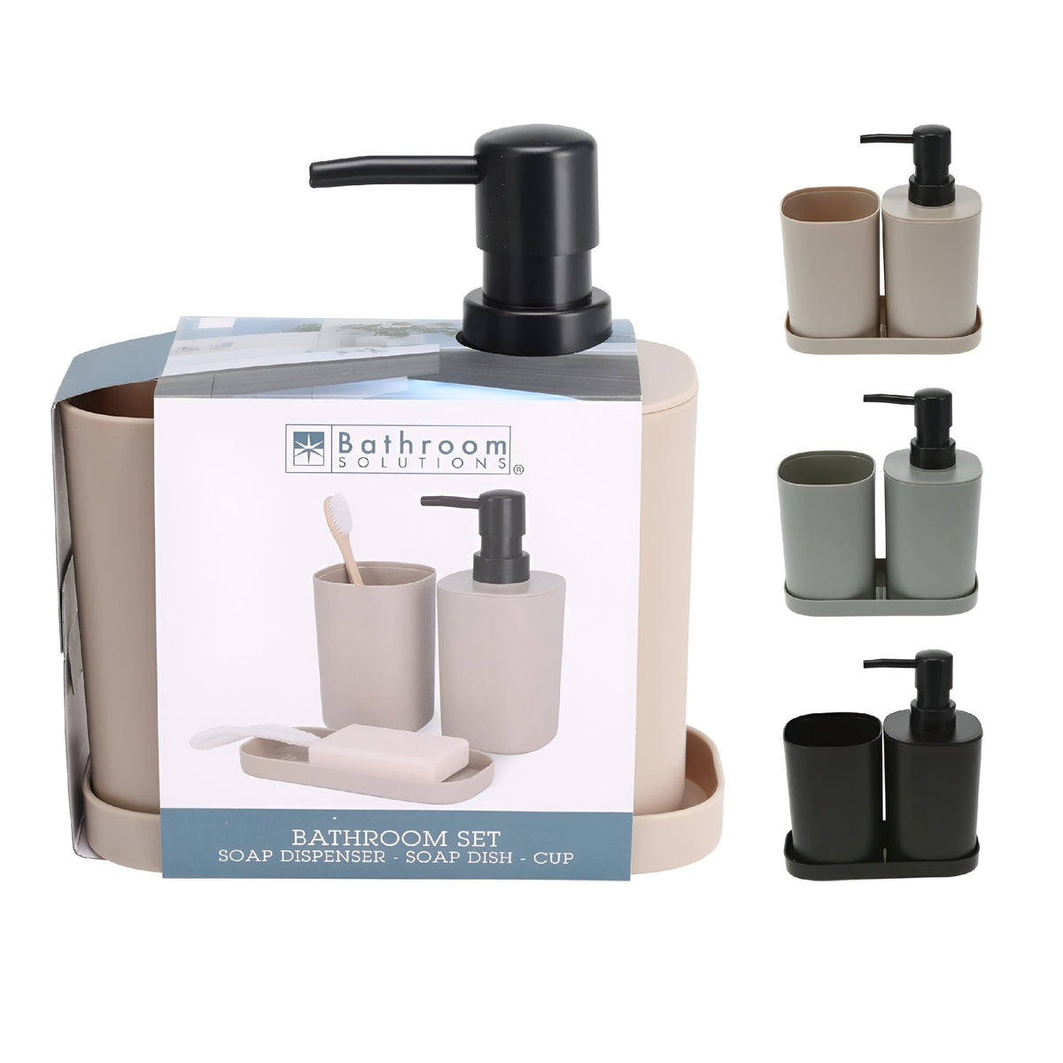 Bathroom Solutions Bathroom Set Assorted Colours Pack of 3 907118 | Soap Dispenser | Soap Dish | Cup