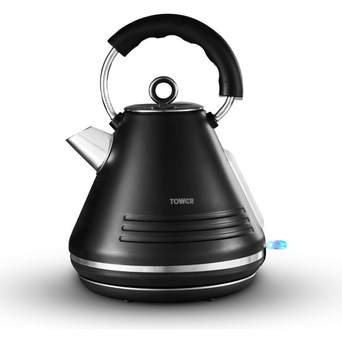 Tower Ash 3KW Pyramid Kettle with Chrome Accents Black 1.7Ltr TI0074BLK | Rapid Boil Technology | Fast Boil in Under 60Secs | Viewing Window | 360 Degree Swivel Base