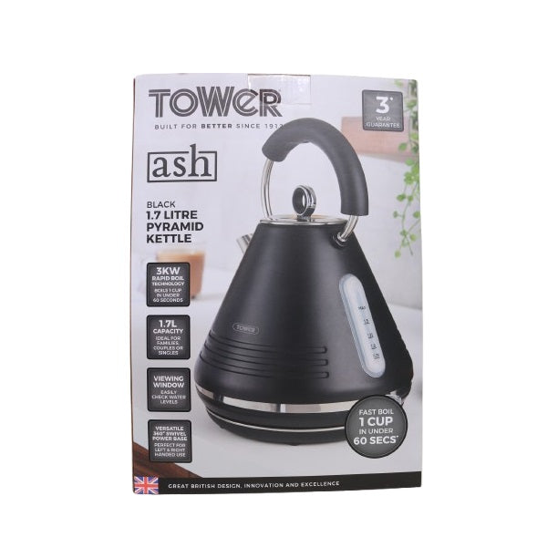 Tower Ash 3KW Pyramid Kettle with Chrome Accents Black 1.7Ltr TI0074BLK | Rapid Boil Technology | Fast Boil in Under 60Secs | Viewing Window | 360 Degree Swivel Base
