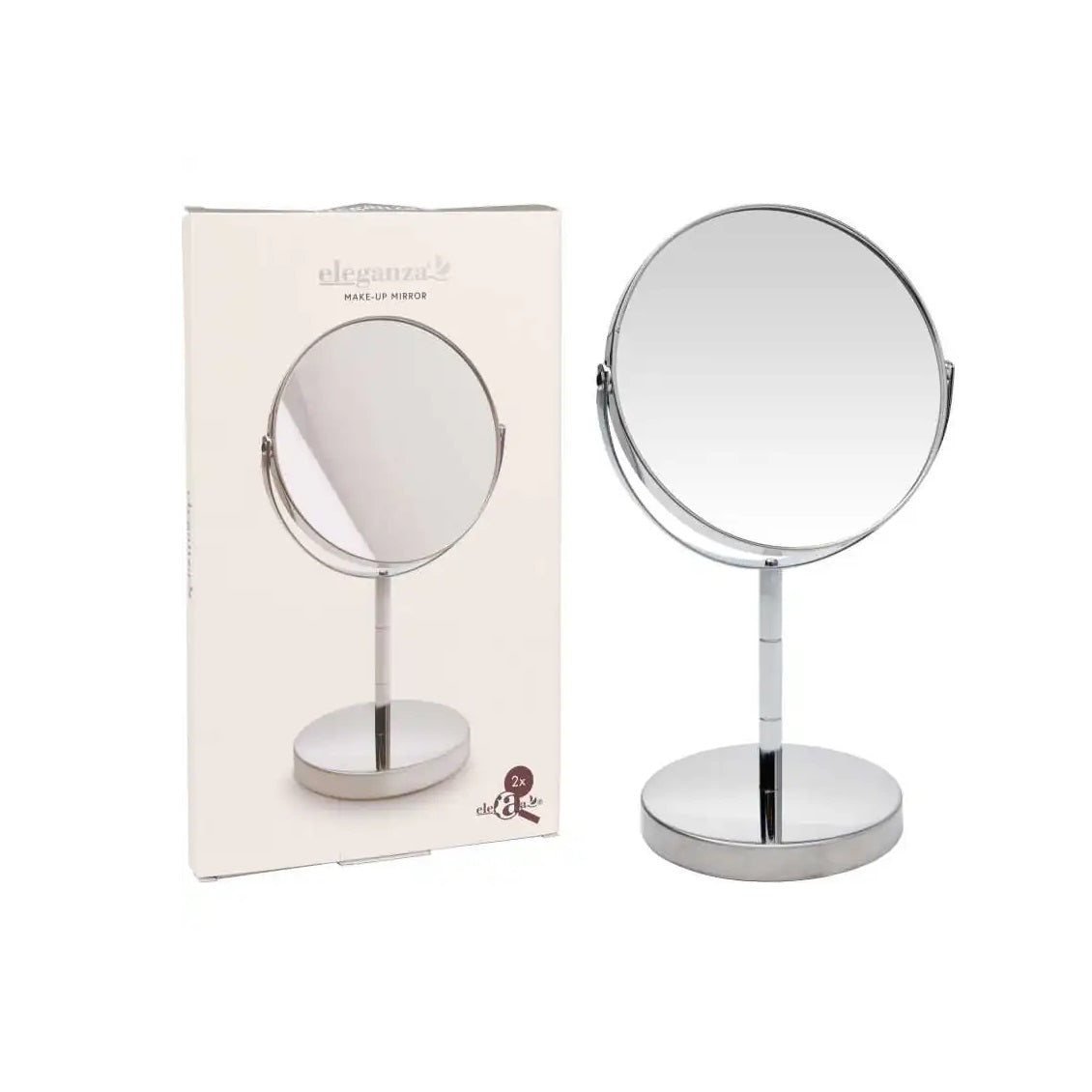 Eleganza Round Double-Sided 2X Magnification Make-Up Mirror with Metal Stand Chrome 14cm x 14cm x 26cm 900912 | 360 Degree Rotating | Freestanding Chrome Vanity Mirror for Beauty and Grooming