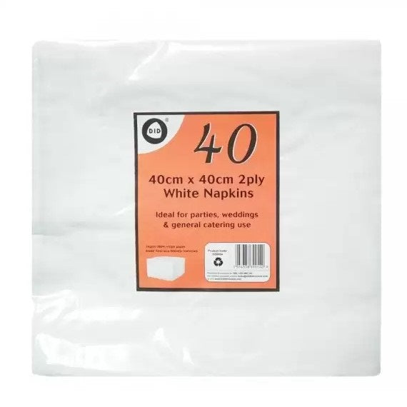 DID 2-Ply Soft and Absorbent Disposable 15gsm Paper Napkins White 40cm x 40cm Pack of 40 DD9954 | Napkins for Parties-Weddings-Catering and Events | Made from Eco-friendly Materials