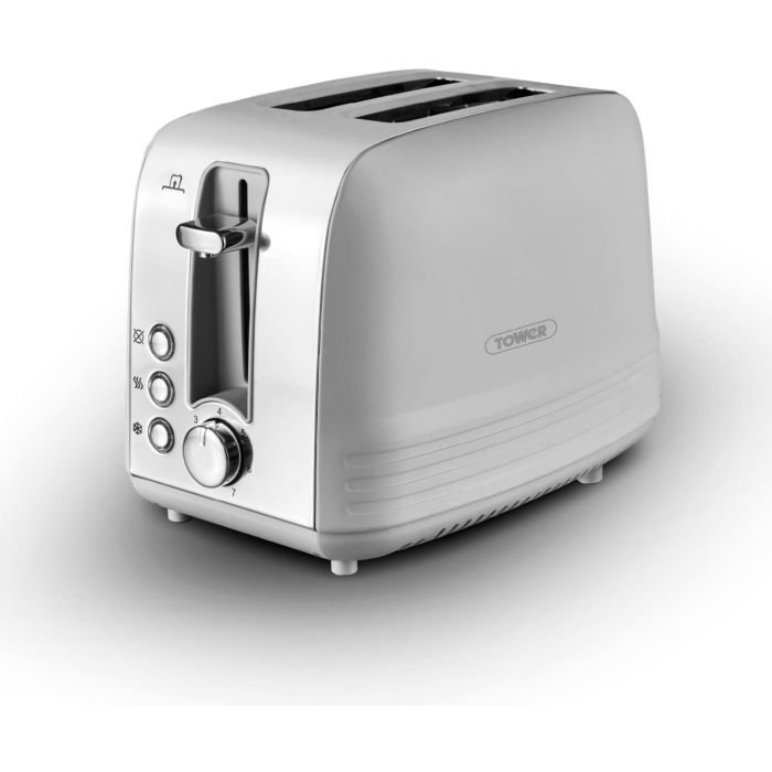 Tower Ash 2-Slice Stainless Steel with Chrome Accents Toaster 925W Grey T20080GTY | 7 Browning Levels | Defrost and Reheat Functions | Self-Centering | Removable Crumb Tray | Anti Jam Function | Non-slip Feet for Stability | Cord Storage