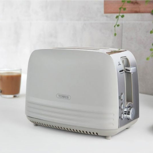 Tower Ash 2-Slice Stainless Steel with Chrome Accents Toaster 925W Grey T20080GTY | 7 Browning Levels | Defrost and Reheat Functions | Self-Centering | Removable Crumb Tray | Anti Jam Function | Non-slip Feet for Stability | Cord Storage