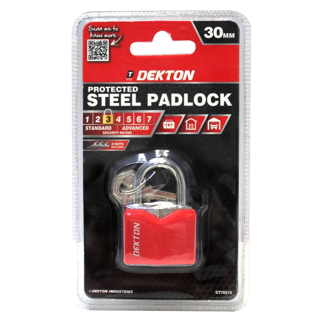 Dekton Protected Steel Padlock Red 30mm DT70215 | Protected Steel Body | Brass Cylinder Locking Mechanism | Steel Shackle | Includes 3 Keys