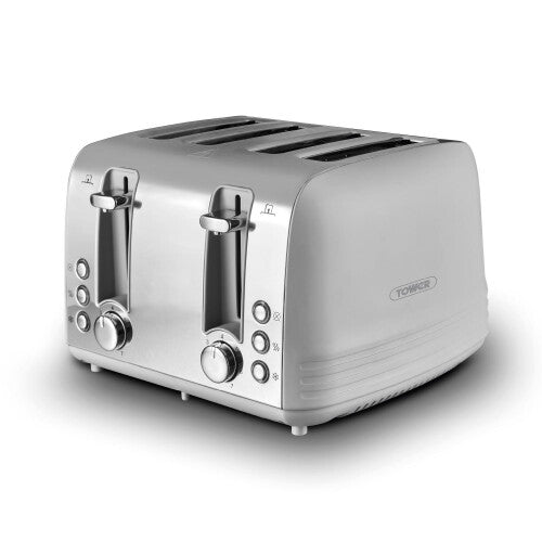 Tower Ash 4-Slice Stainless Steel with Chrome Accents Toaster 1850W Grey T20081GRY | 7 Browning Levels | Defrost and Reheat Functions | Self-Centering | Removable Crumb Tray | Anti Jam Function | Non-slip Feet for Stability | Cord Storage