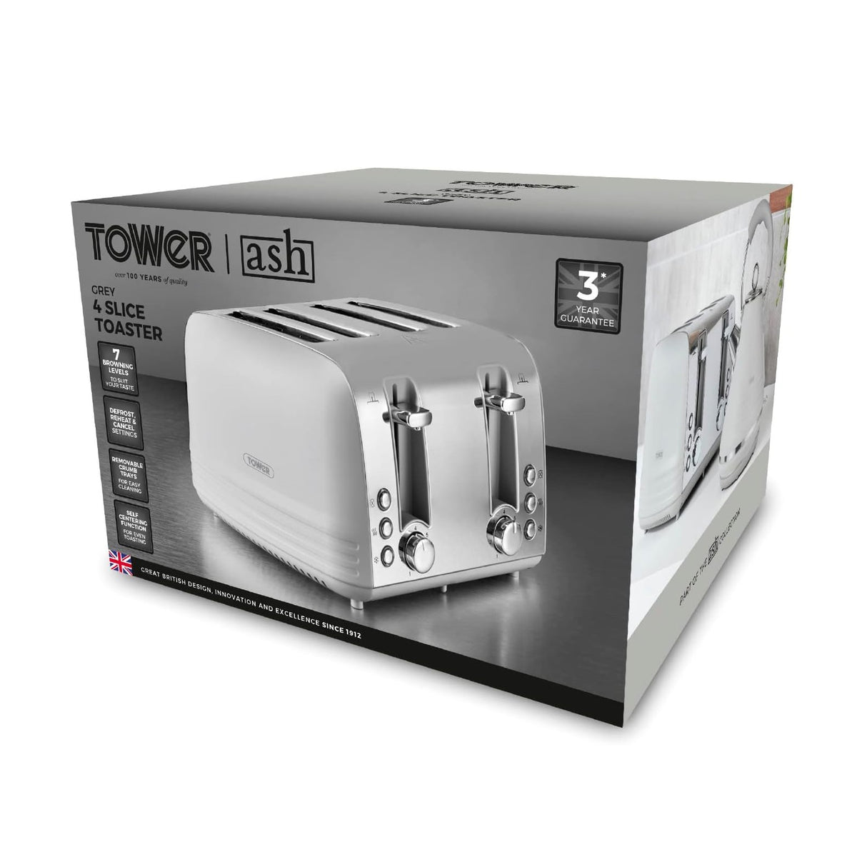 Tower Ash 4-Slice Stainless Steel with Chrome Accents Toaster 1850W Grey T20081GRY | 7 Browning Levels | Defrost and Reheat Functions | Self-Centering | Removable Crumb Tray | Anti Jam Function | Non-slip Feet for Stability | Cord Storage