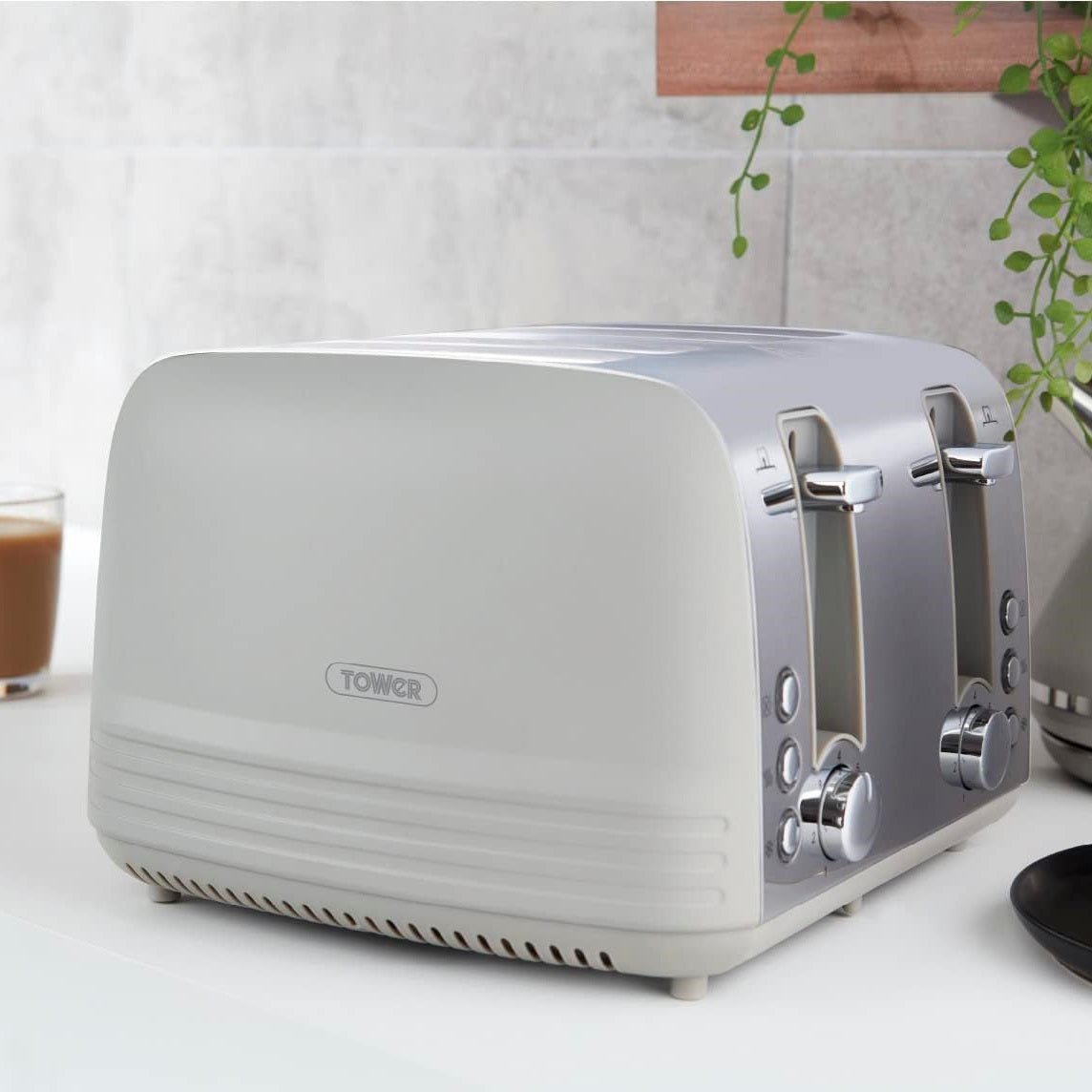 Tower Ash 4-Slice Stainless Steel with Chrome Accents Toaster 1850W Grey T20081GRY | 7 Browning Levels | Defrost and Reheat Functions | Self-Centering | Removable Crumb Tray | Anti Jam Function | Non-slip Feet for Stability | Cord Storage