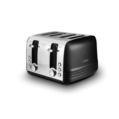 Tower Ash 4-Slice Stainless Steel with Chrome Accents Toaster 1850W Black T20081BLK | 7 Browning Levels | Defrost and Reheat Functions | Self-Centering | Removable Crumb Tray | Anti Jam Function | Non-slip Feet for Stability | Cord Storage