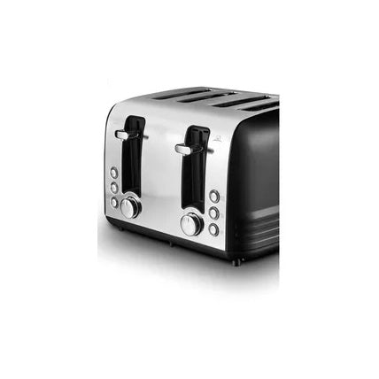 Tower Ash 4-Slice Stainless Steel with Chrome Accents Toaster 1850W Black T20081BLK | 7 Browning Levels | Defrost and Reheat Functions | Self-Centering | Removable Crumb Tray | Anti Jam Function | Non-slip Feet for Stability | Cord Storage
