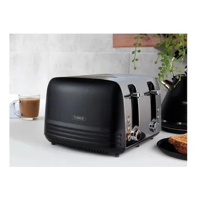 Tower Ash 4-Slice Stainless Steel with Chrome Accents Toaster 1850W Black T20081BLK | 7 Browning Levels | Defrost and Reheat Functions | Self-Centering | Removable Crumb Tray | Anti Jam Function | Non-slip Feet for Stability | Cord Storage