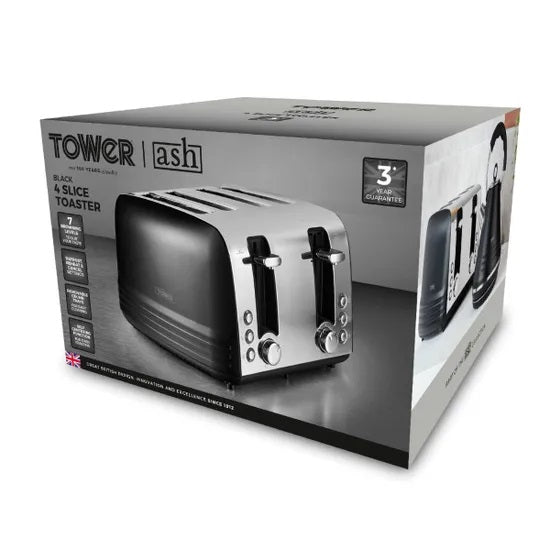 Tower Ash 4-Slice Stainless Steel with Chrome Accents Toaster 1850W Black T20081BLK | 7 Browning Levels | Defrost and Reheat Functions | Self-Centering | Removable Crumb Tray | Anti Jam Function | Non-slip Feet for Stability | Cord Storage