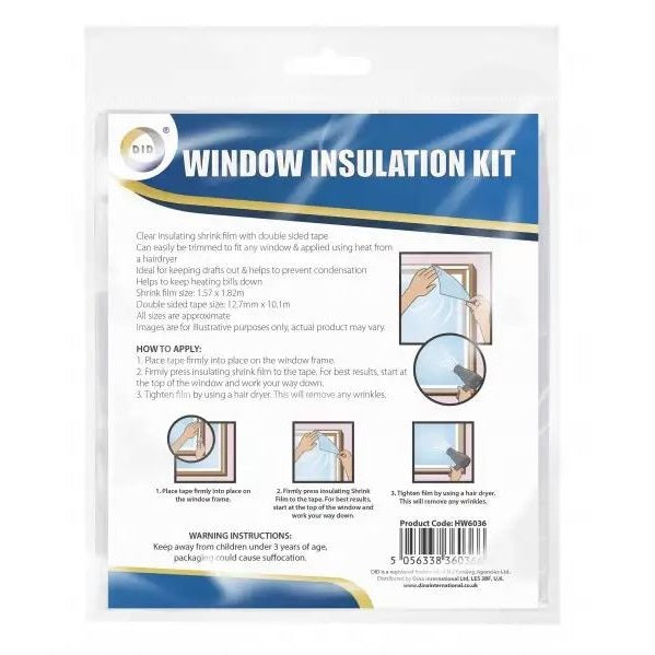DID Window Insulation Kit Clear 1.57Mtr x 1.82Mtr HW6036 | Clear Shrink Film with Double-Sided Tape | Draft &and Condensation Prevention | Easy to Apply with Hair Dryer | Tape Size - 12.7mm x 10.1Mtr