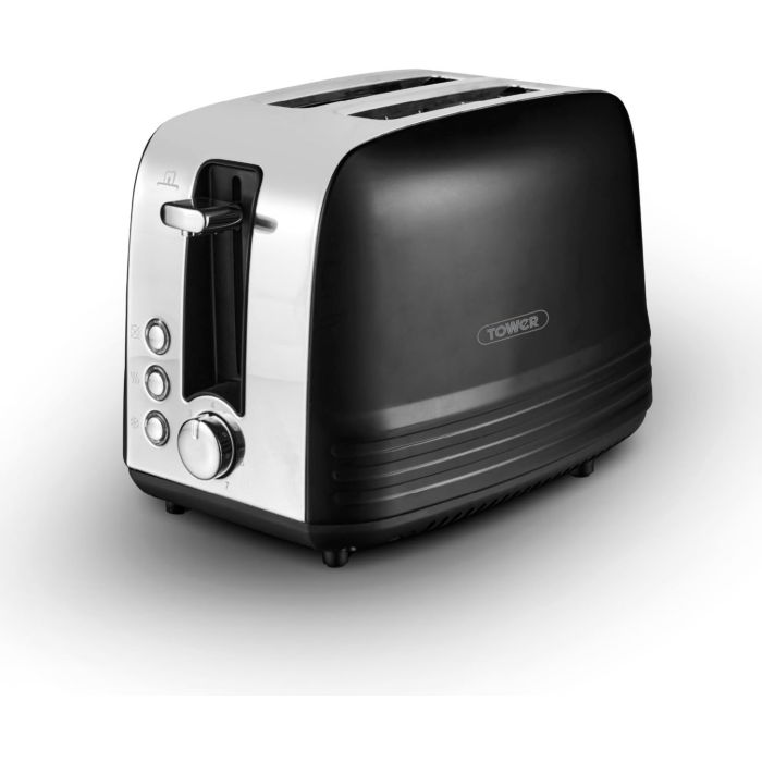 Tower Ash 2-Slice Stainless Steel with Chrome Accents Toaster 925W Black T20080BLK | 7 Browning Levels | Defrost and Reheat Functions | Self-Centering | Removable Crumb Tray | Anti Jam Function | Non-slip Feet for Stability | Cord Storage