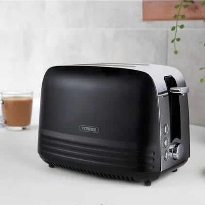 Tower Ash 2-Slice Stainless Steel with Chrome Accents Toaster 925W Black T20080BLK | 7 Browning Levels | Defrost and Reheat Functions | Self-Centering | Removable Crumb Tray | Anti Jam Function | Non-slip Feet for Stability | Cord Storage