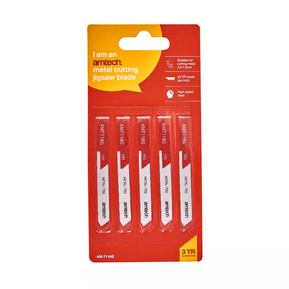 Amtech Metal Cutting Jigsaw Blade Set Red and Silver Pack of 5 AMT118G | Suitable for Cutting Metal 0.5-1.5mm | 32 TPI | High Speed Steel