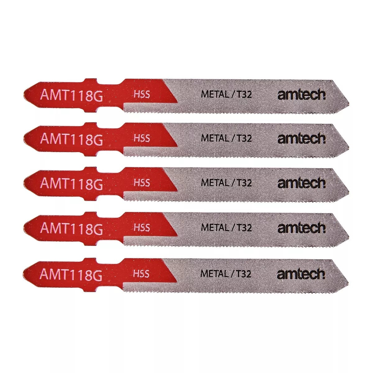 Amtech Metal Cutting Jigsaw Blade Set Red and Silver Pack of 5 AMT118G | Suitable for Cutting Metal 0.5-1.5mm | 32 TPI | High Speed Steel