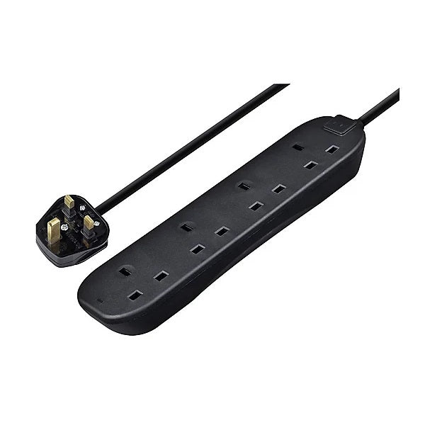 Masterplug Basics 4-Socket Extension Lead Black 2Mtr BFG210NB | 13A Rated | Durable and Reliable Power Strip for Home-Office and Workplace Use