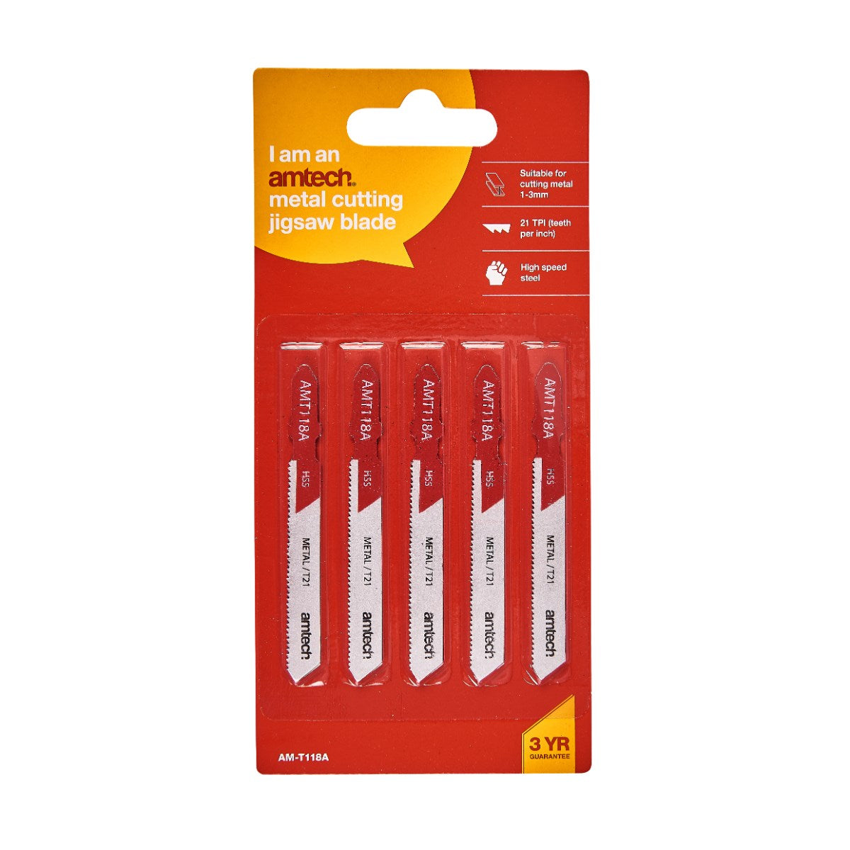 Amtech Metal Jigsaw Blade Set Red and Silver L75mm Pack of 5 AMT118A | Suitable for Cutting Metal 1mm - 3mm | High Speed Steel | T - Shank Fitting  | 21 Teeth per Inch