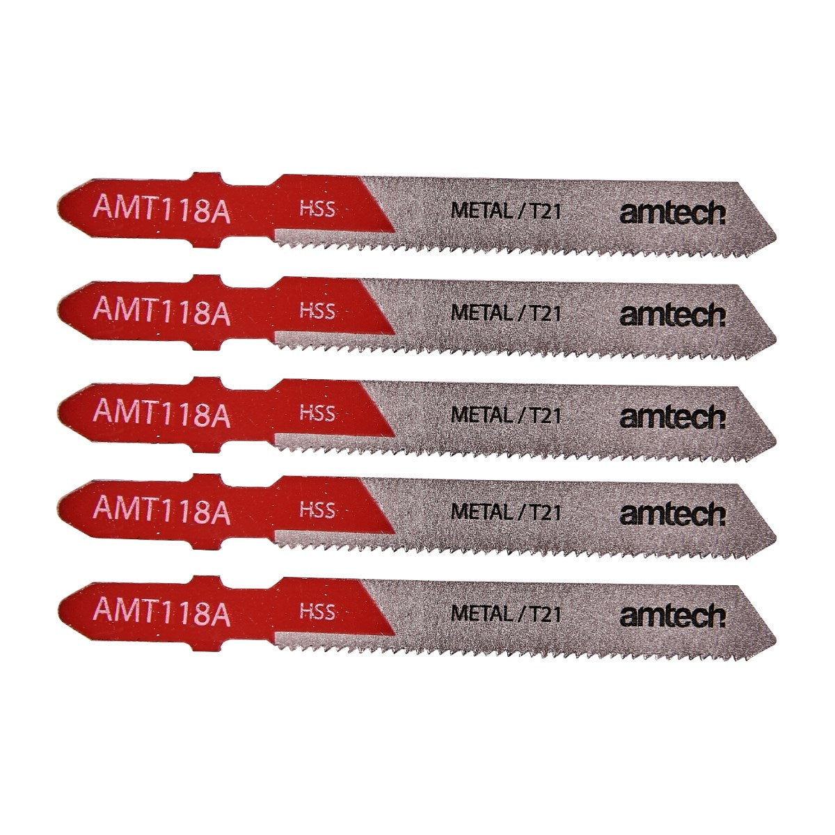 Amtech Metal Jigsaw Blade Set Red and Silver L75mm Pack of 5 AMT118A | Suitable for Cutting Metal 1mm - 3mm | High Speed Steel | T - Shank Fitting  | 21 Teeth per Inch
