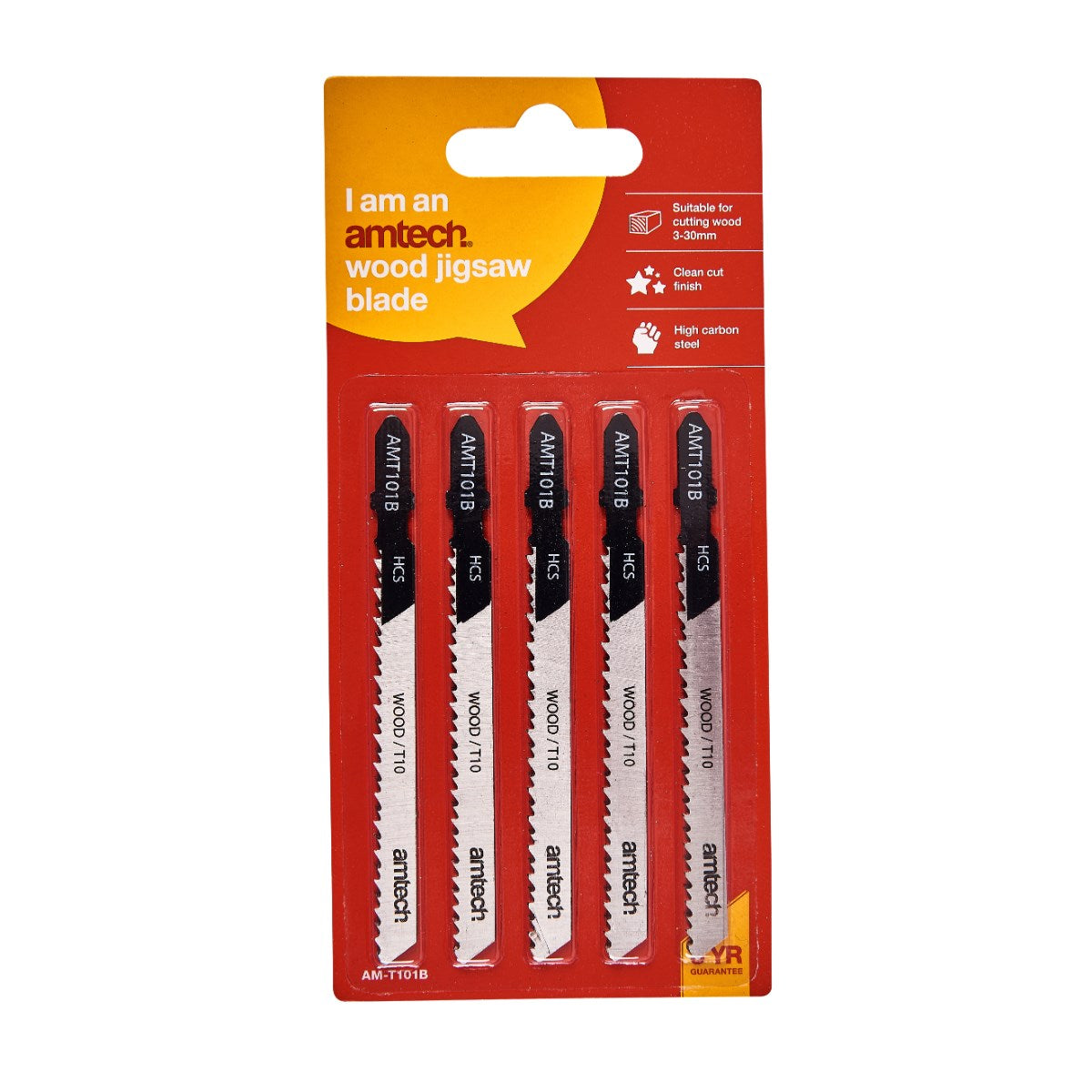 Amtech Wood Jigsaw Blade Set Black and Silver L100mm Pack of 5 AMT101B | Suitable for Cutting Wood 3mm - 30mm | Clean Cut Finish | High Carbon Steel | T- Shank Fitting | 10 Teeth per Inch