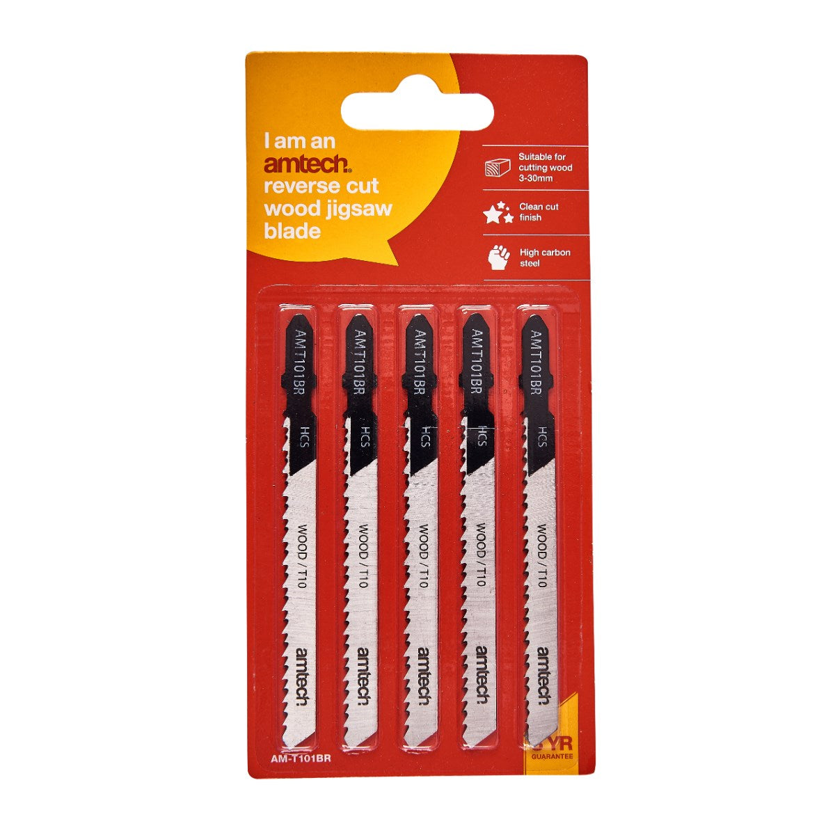 Amtech Reverse Cut Wood Jigsaw Blade Set Black and Silver L100mm Pack of 5 AMT101BR | Suitable for Cutting Wood 3mm - 30mm | Clean Cut Finish | High Carbon Steel | T - Shank Fitting | 10 Teeth per Inch