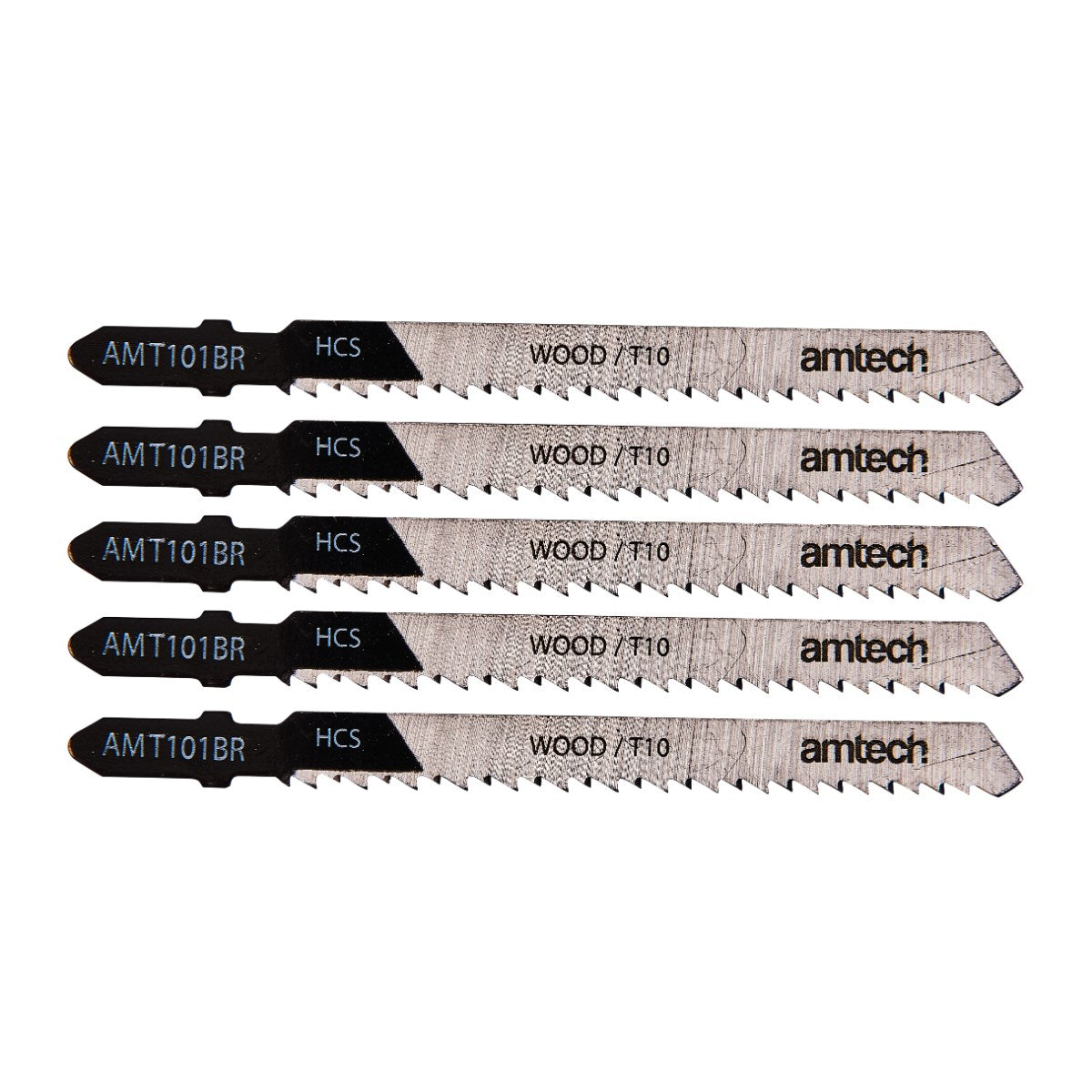Amtech Reverse Cut Wood Jigsaw Blade Set Black and Silver L100mm Pack of 5 AMT101BR | Suitable for Cutting Wood 3mm - 30mm | Clean Cut Finish | High Carbon Steel | T - Shank Fitting | 10 Teeth per Inch