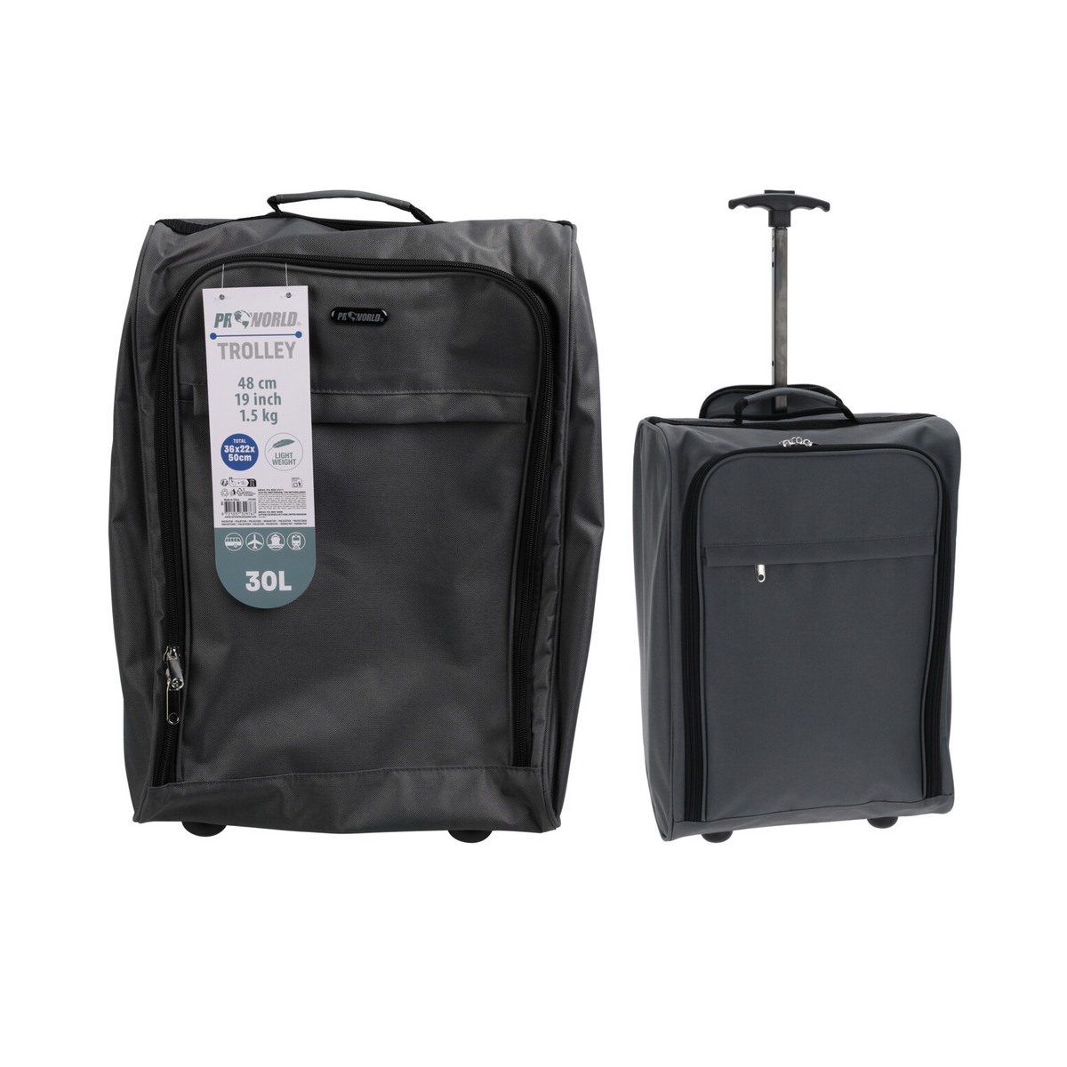 Pro World Lightweight Trolley Bag Grey 36cm x 22cm x 50cm 30Ltr 193399