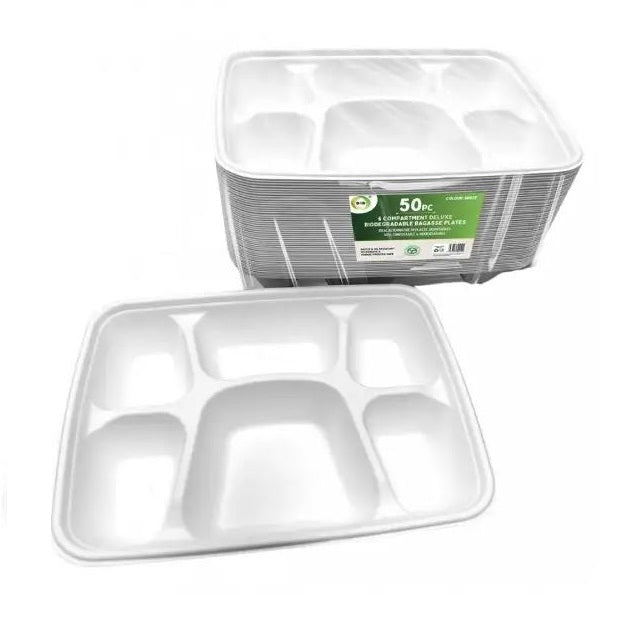 DID 6-Compartment Deluxe Biodegradable Bagasse Food Plates White Pack of 50 EF9919 | Disposable Food Trays | Water and Oil Resistant | Microwave and Freezer Safe | Ideal for Parties-Catering and Meal Prep | Alternative to Plastic Disposables