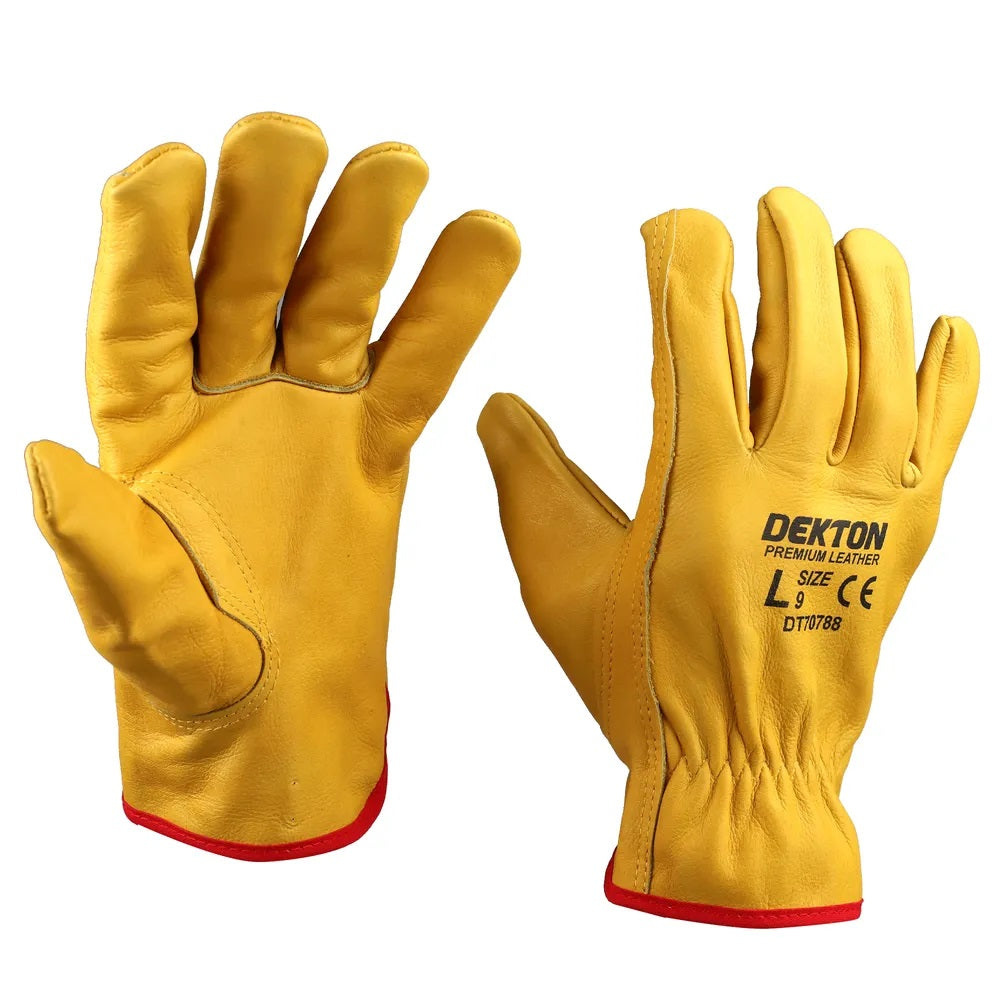 Dekton Premium Leather Large Heavy Duty Safety Working Gloves Yellow Size-9 DT70788 | For DIY-Tradesmen and Industrial | Durable Hand Protection for Construction-Mechanics and Gardening