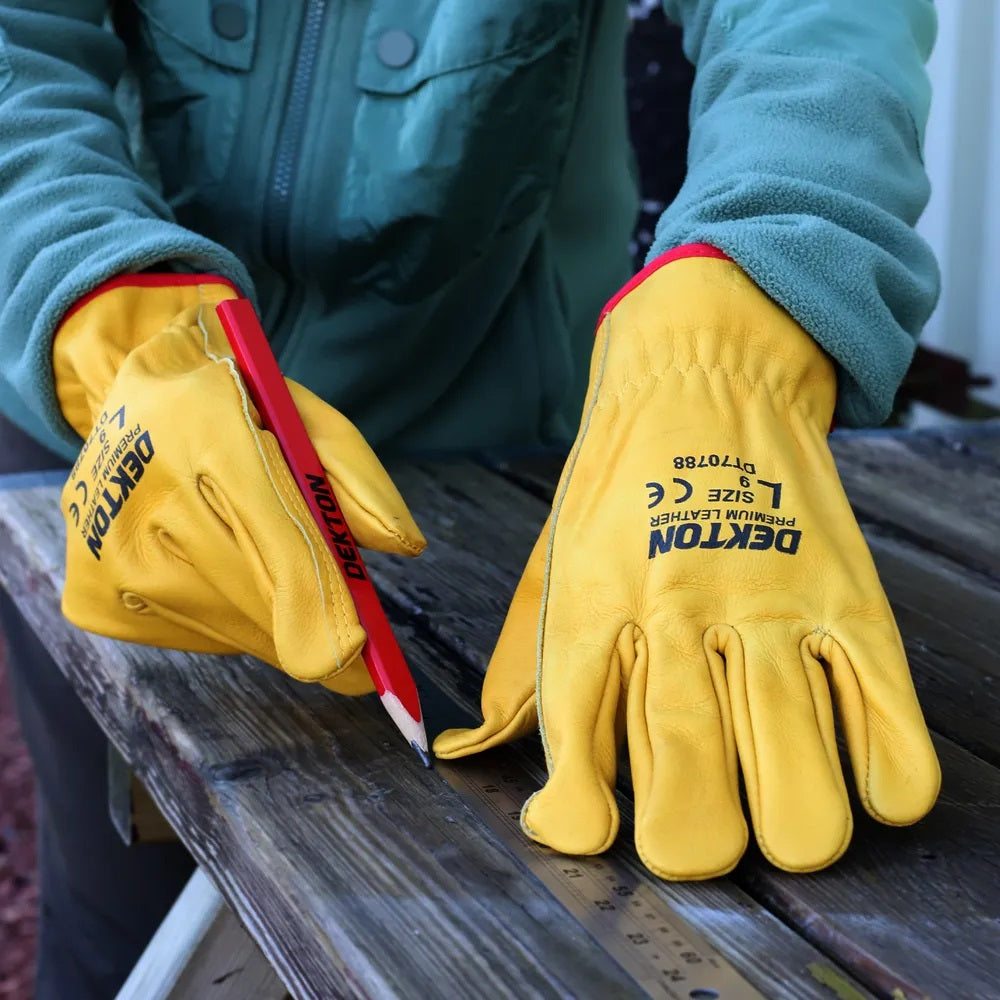 Dekton Premium Leather Large Heavy Duty Safety Working Gloves Yellow Size-9 DT70788 | For DIY-Tradesmen and Industrial | Durable Hand Protection for Construction-Mechanics and Gardening