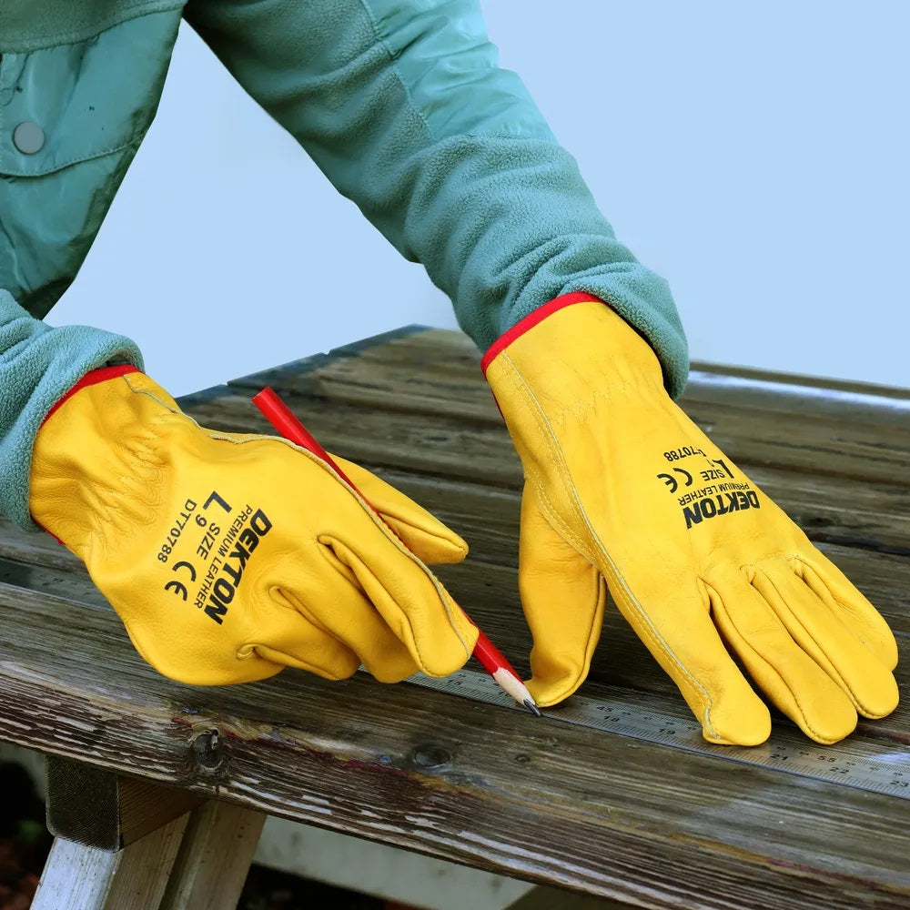 Dekton Premium Leather Large Heavy Duty Safety Working Gloves Yellow Size-9 DT70788 | For DIY-Tradesmen and Industrial | Durable Hand Protection for Construction-Mechanics and Gardening