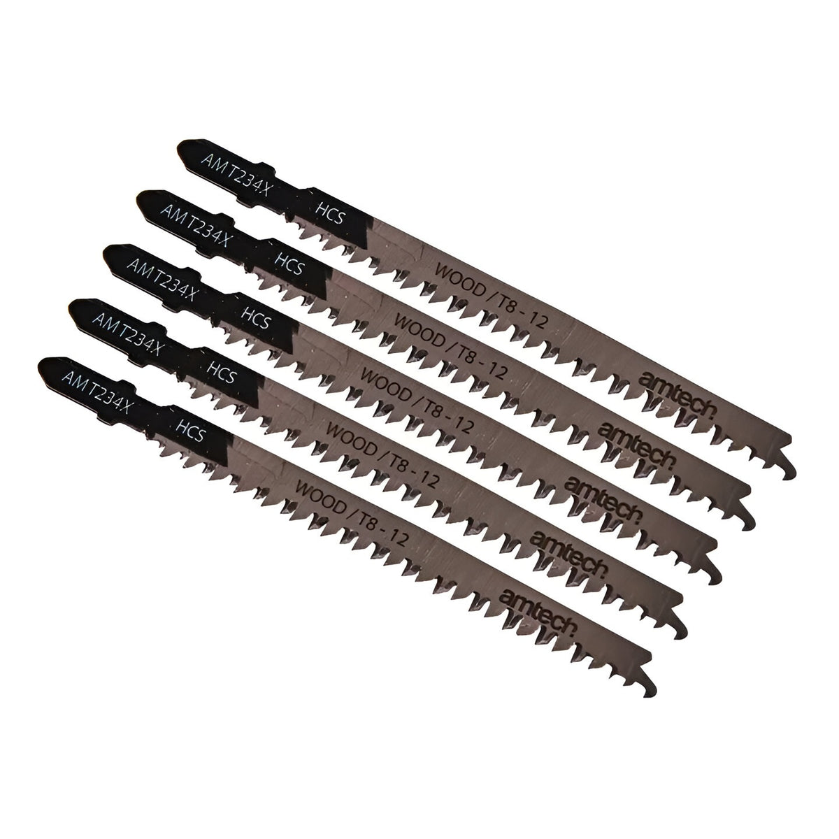 Amtech Wood Jigsaw Blade Set Black and Silver L116mm Pack of 5 AMT234X | Suitable for Cutting Wood 3mm-65mm | T-Shank Fitting | High Carbon Steel | 8 - 12 teeth per Inch