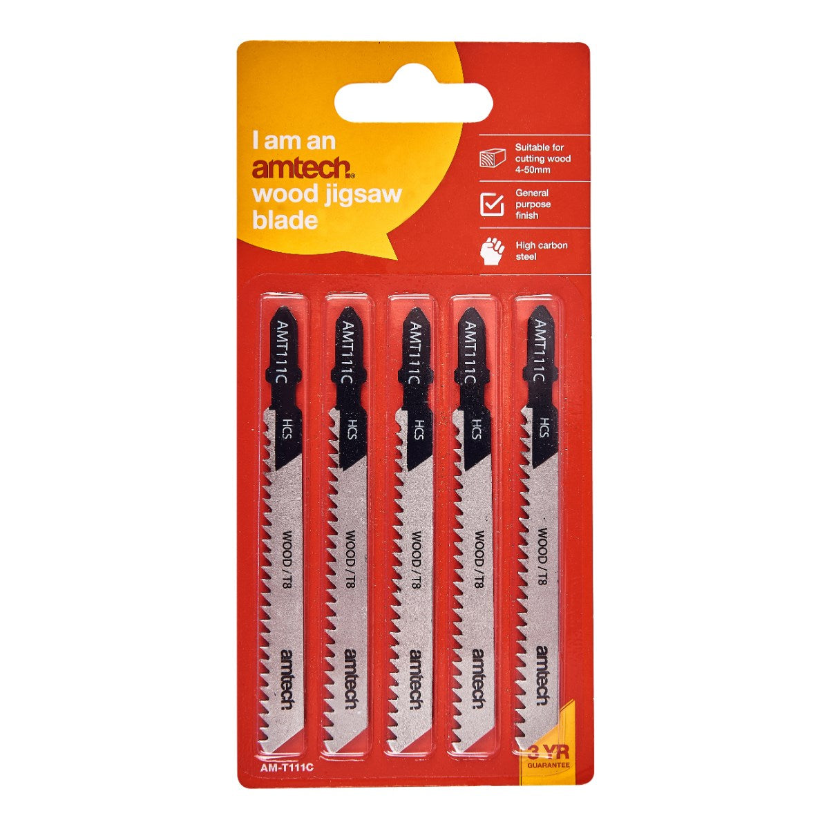 Amtech Wood Jigsaw Blade Set Black and Silver L100mm Pack of 5 AMT111C | Suitable for Cutting Wood 4mm-50m | General Purpose Finish | High Carbon Steel | T-Shank Fitting | 8 Teeth per Inch