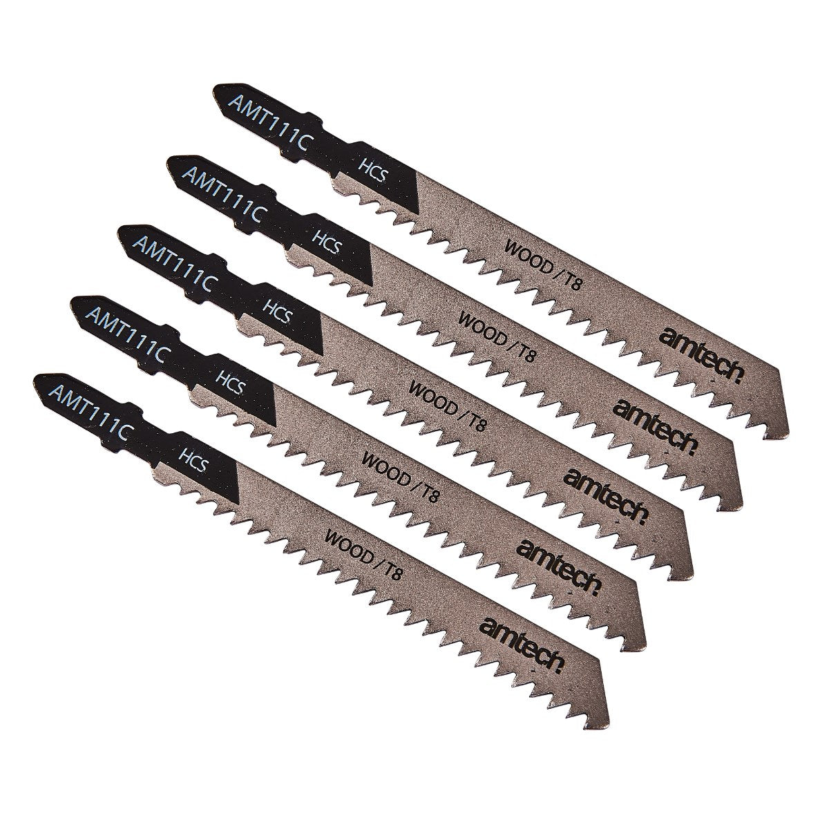 Amtech Wood Jigsaw Blade Set Black and Silver L100mm Pack of 5 AMT111C | Suitable for Cutting Wood 4mm-50m | General Purpose Finish | High Carbon Steel | T-Shank Fitting | 8 Teeth per Inch
