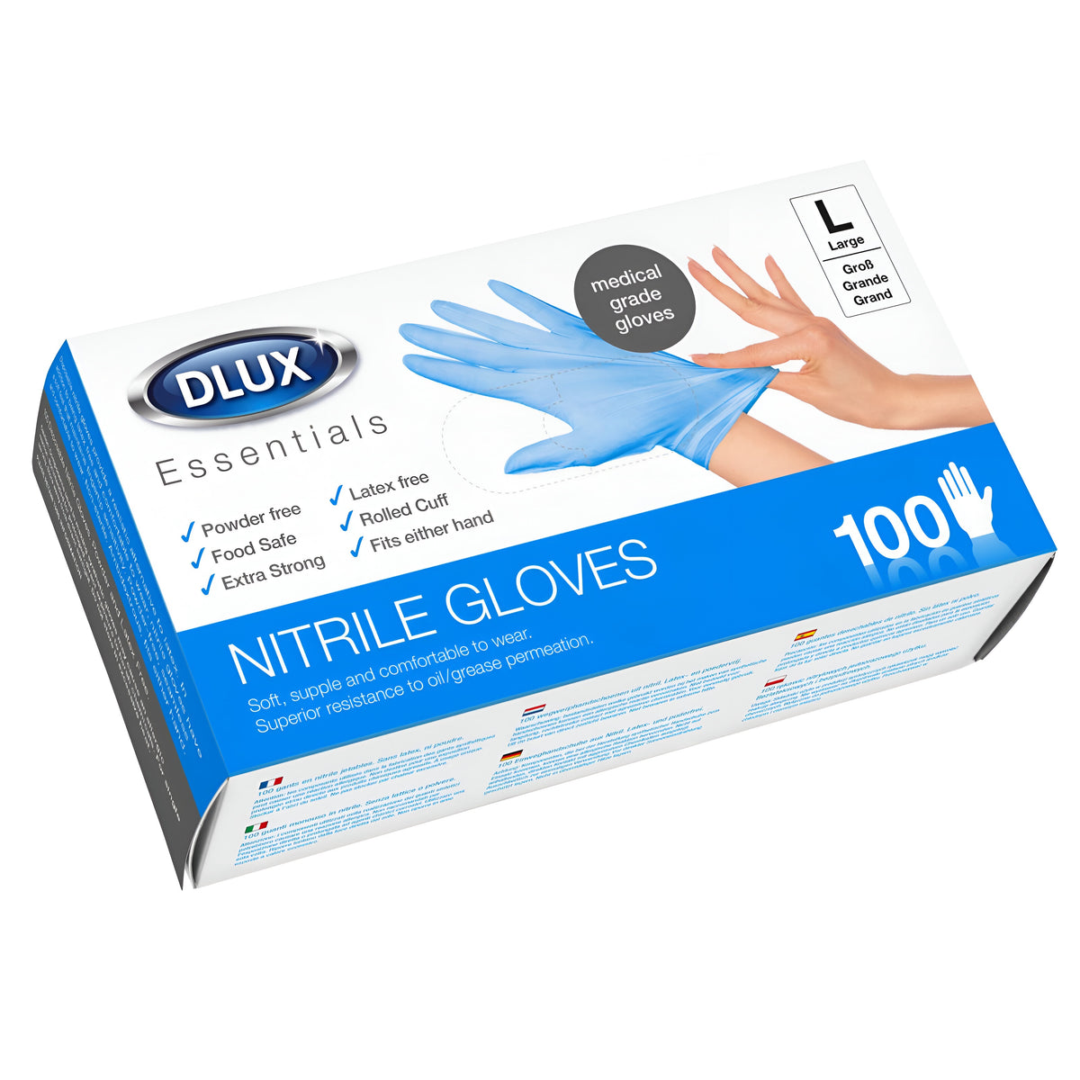 Dlux Essentials Nitrile Gloves Blue Large Pack of 100 2998 | Powder Free | Latex Free | Food Safe | Rolled Cuff | Extra Strong | Fits Either Hand | Soft - Supple and Comfortable to Wear | Medical Grade Gloves