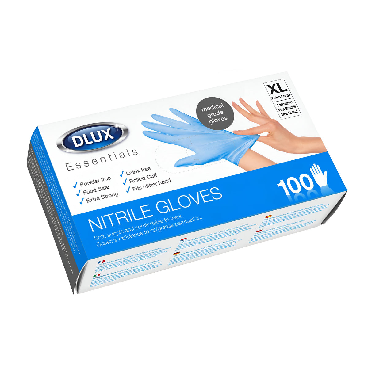 Dlux Essentials Nitrile Gloves Blue Extra Large Pack of 100 2999 | Powder Free | Latex Free | Food Safe | Rolled Cuff | Extra Strong | Fits Either Hand | Soft - Supple and Comfortable to Wear | Medical Grade Gloves