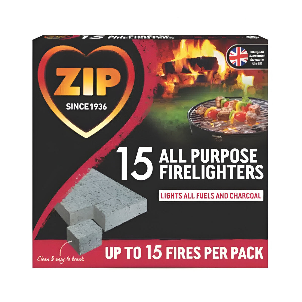 ZIP All Purpose Block Firelighters Grey Pack of 15 | Clean and Easy to Break | Lights All Fuels and Charcoal
