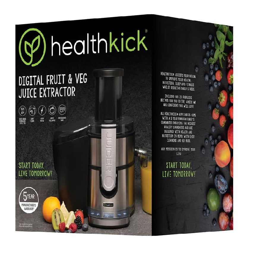 HealthKick Digital Fruit and Veg Juice Extractor Steel 800W 35cm x 26cm x 40cm K3152 | Food Grade Stainless Steel 304 | Easy Clean | 85mm Full Apple | Dishwasher Safe